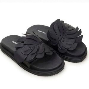 Farm Rio Black Monstera Slide Sandals